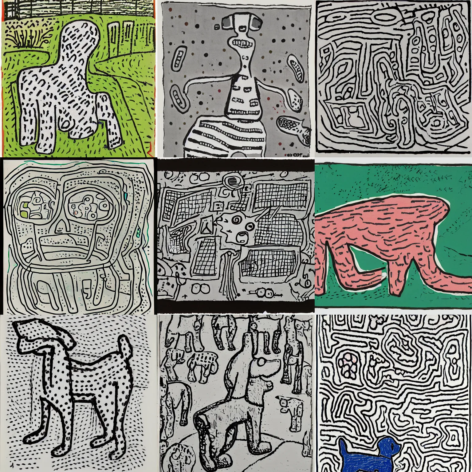 Prompt: a cute dog in a park, jean dubuffet, screen printing, line drawing