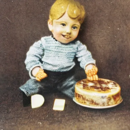 Image similar to A small German boy made of different cheeses, vintage photo, sentimental photo