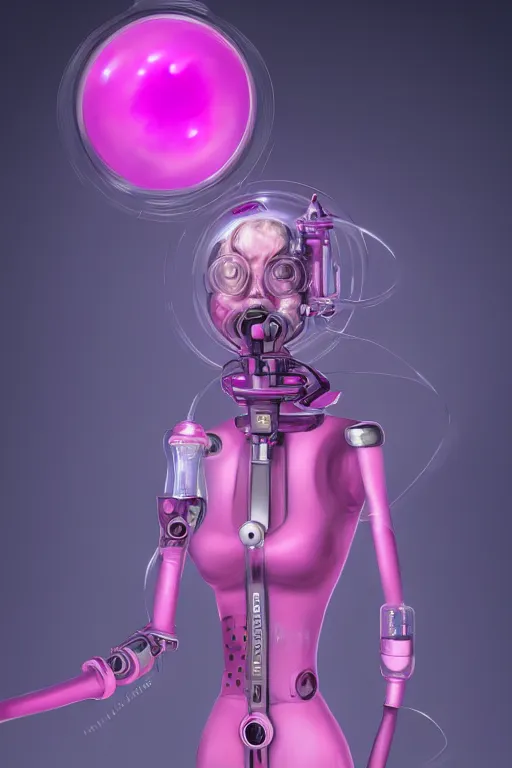 Prompt: Pink Vapor Inhalation Cyborg in a Medical Laboratory Connected to a Spherical Bottle of Pink Liquid by a Tube, Pink Vapor Leaking from an Oxygen Mask, fantasy, magic, ultra detailed, digital art, trending on artstation, illustration, robotic, mechanical, creepy, unsettling, horror, abandoned