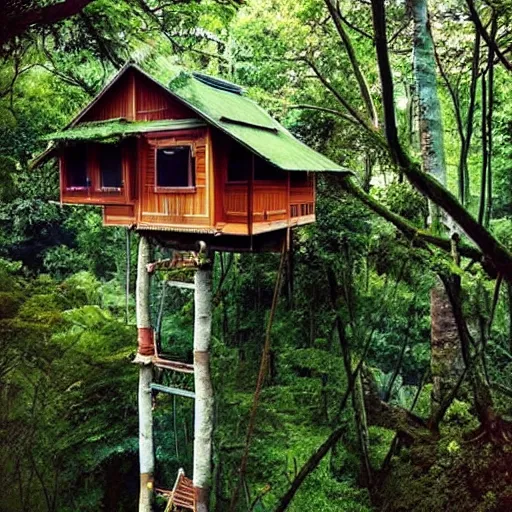 Image similar to a modern tree house village, ladders, hanging bridges, hanging gardens, in the forest, beautiful scenery