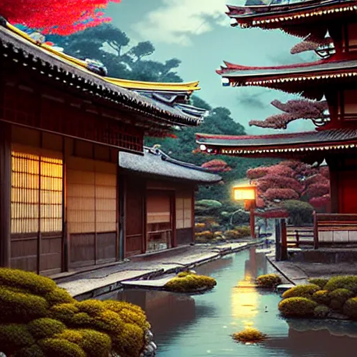 Image similar to old japanese town with garden viewed from harbor, d & d digital painting, ultra realistic, beautiful, volumetric lighting, warm colors advance, cell shading, by james jean, greg rutkowski,