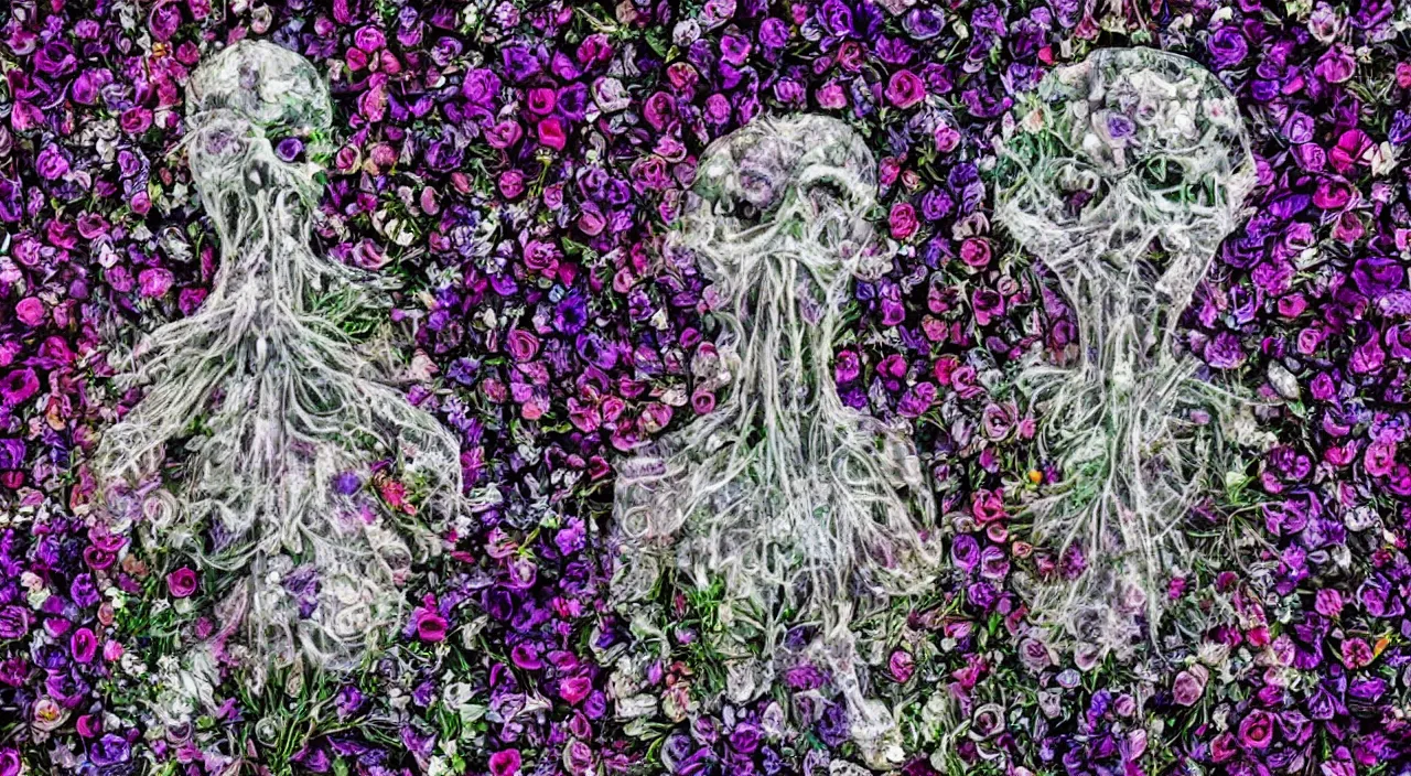 Prompt: a psychedelic ghost made of flowers and silver