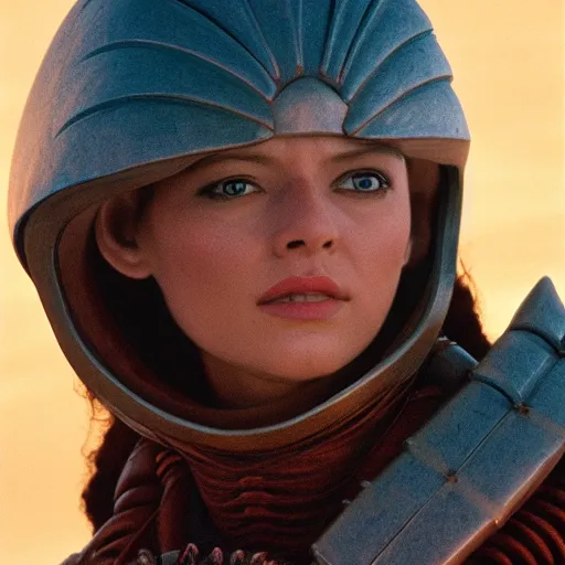 Prompt: beautiful Fine art photo of a young woman wearing a futuristic mayan helmet, photorealistic, high quality, sunset lighting, in the movie Dune, 8k