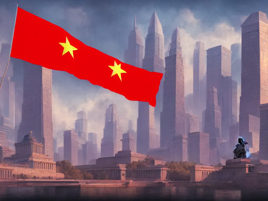 Image similar to landscape matte painting by fan wennan. communist american capitol megastructure shining in the sun after the triumph of socialism in america, communist american state flag, communist statue and emblem, digital painting, awe, bright future, hope, highly detailed, 4 k, artstation, photorealistic, architecture, america 2 0 9 8