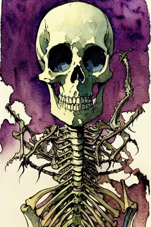 Image similar to a simple and atmospheric watercolour portrait of a skeleton king on halloween, very muted colors, by rebecca guay, michael kaluta, charles vess and jean moebius giraud