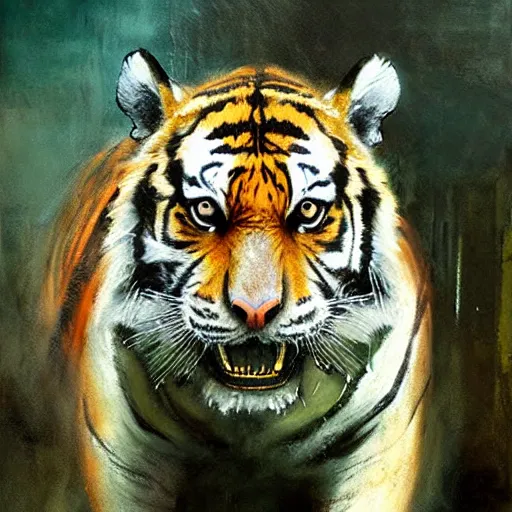 Image similar to tiger and crocodile hybrid animal, painting by jeremy mann