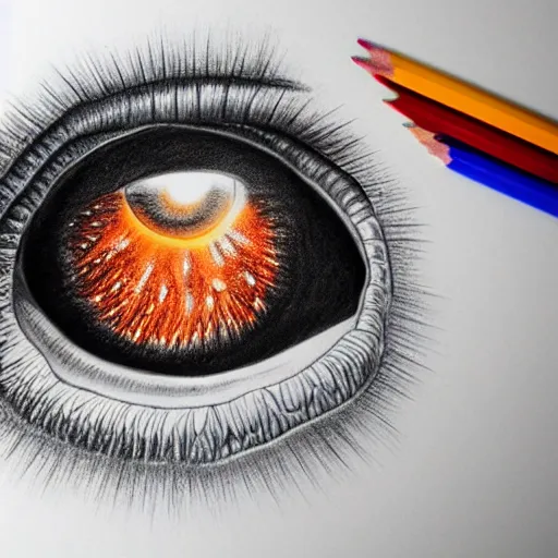 Image similar to hyper realistic pencil drawing of the human eye in the shape of snail shell, space background, unlimited detail, colored, space, dragon, intricate, detail, phoenix, orange