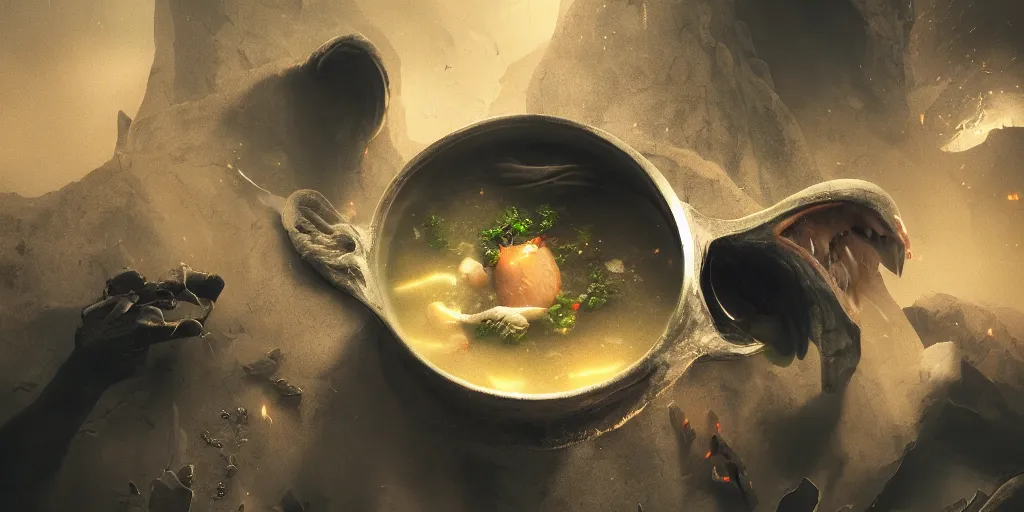 Image similar to photograph of demonic soup, octane render, volumetric lighting, award - winning, perfection, ambitious, featured on artstation, by greg rutkowski, ambient occlusion, hyper - realism, 4 k hd, qled,