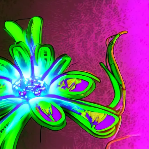 Image similar to a cybertronic, neon, glowing tiger lily flower, detailed, trending on art station