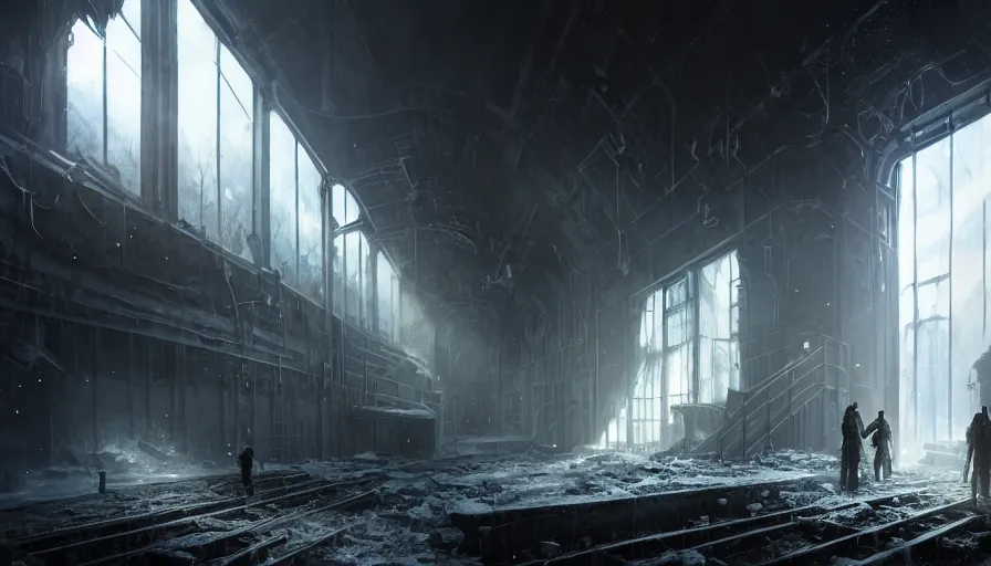 Image similar to high tech nomands exploring abandoned laboratory on splitzbergen, artic station, frostpunk, scifi, dark scifi, space horror, light, shadows, reflections, steam, epic composition, intricate, elegant, volumetric lighting, digital painting, highly detailed, artstation, sharp focus, illustration, concept art, ruan jia, steve mccurry