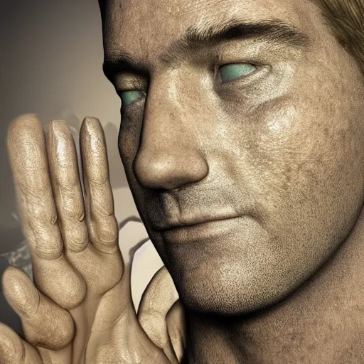 Image similar to a man who's face is covered in ridges of fractal human hands, octane render, subsurface scattering, intense lighting