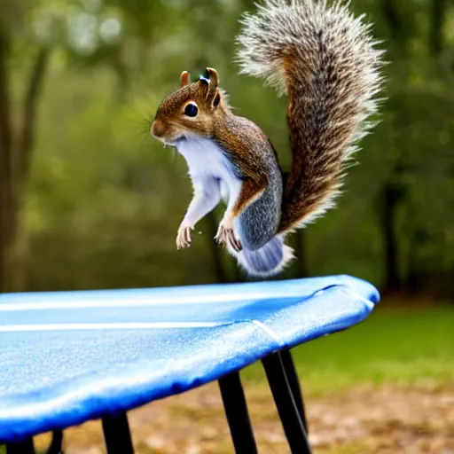 Image similar to a photo of a cute squirrel jumping on a trampoline