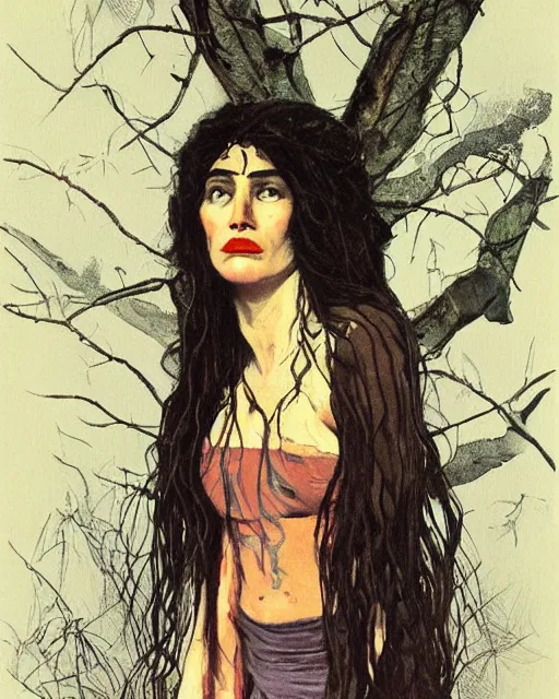 Image similar to a beautiful but sinister ethnically ambiguous woman in layers of fear, with haunted eyes and wild hair, 1 9 7 0 s, seventies, woodland, a little blood, wildflowers, moonlight showing injuries, delicate embellishments, painterly, offset printing technique, by brom, robert henri, walter popp