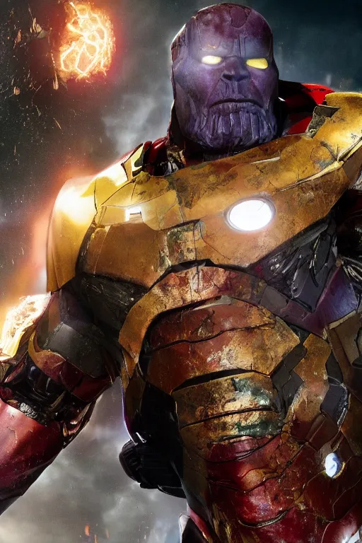 Image similar to thanos in a damaged and broken iron man suit, cinematic, volumetric lighting, f 8 aperture, cinematic eastman 5 3 8 4 film, photorealistic