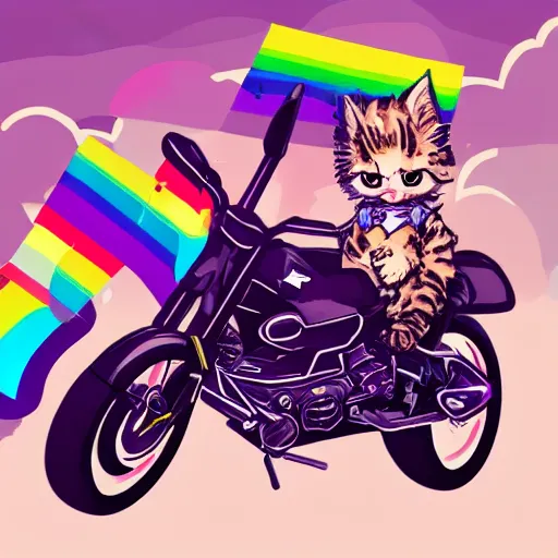 Image similar to wide angle full body, jacket wearing fluffy cute rainbow kitten wearing a black leather motorcycle jacket, riding on a motorcycle, cinematic concept art