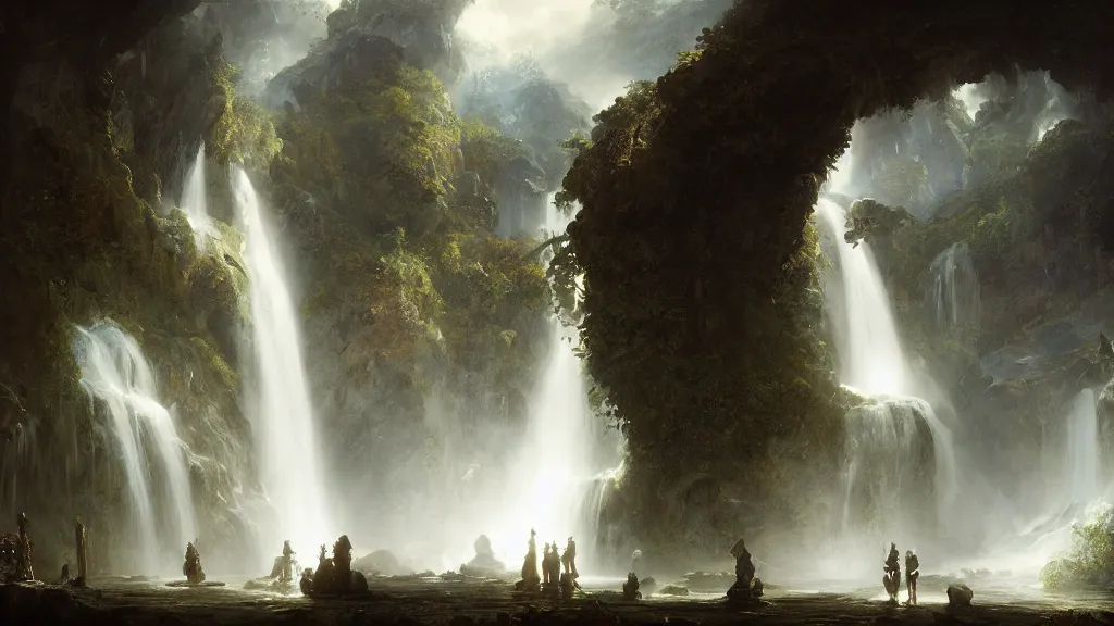 Image similar to the elven kingdom lies beneath the great underground waterfall. andreas achenbach, artgerm, mikko lagerstedt, zack snyder, tokujin yoshioka