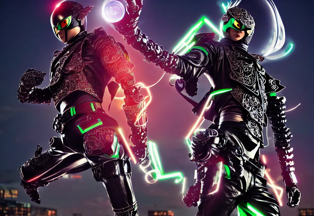 Image similar to big belted kamen rider hero action pose, human structure concept art, human anatomy, full body hero, intricate detail, hyperrealistic art and illustration by a. k. a limha lekan a. k. a maxx soul and alexandre ferra, global illumination, blurry and sharp focus, on future tokyo night rooftop, frostbite engine