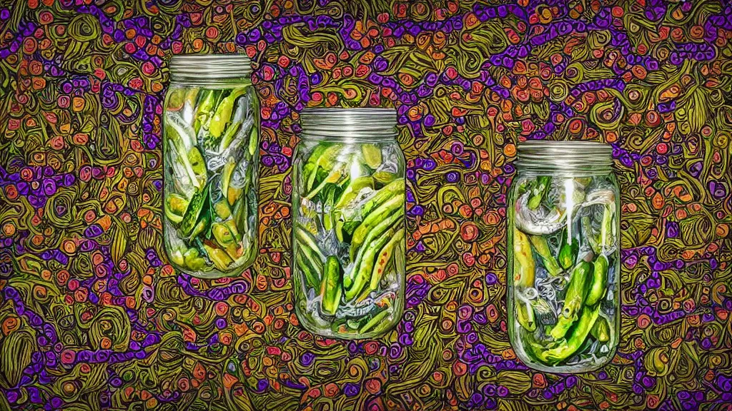 Prompt: a glass mason jar full of hundreds of pickles, trippy, wtf, infinitely detailed kaleidoscope vines swirling up from an infinite cosmic vortex, multi colored, intricate, elegant, sharp focus, illustration, highly detailed, digital painting, concept art, matte, art by artgerm and ivan shishkin and andrey shishkin, masterpiece