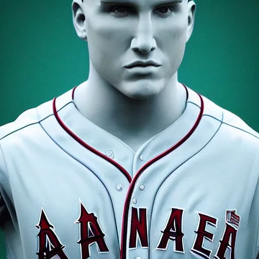 Image similar to “a realistic detailed photo of a guy who is an attractive humanoid who is half robot and half humanoid, who is a male android, baseball player Mike Trout, shiny skin, posing like a statue, blank stare”