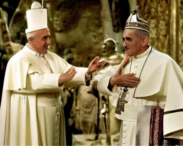 Image similar to a film still of the pope as the ramesses faraoh, in the 1 0 commandments ( 1 9 5 6 ), technicolor color