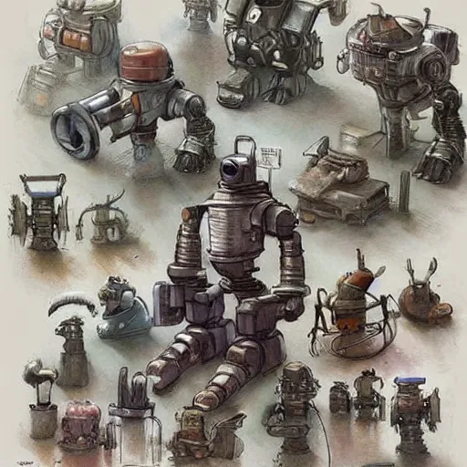 Image similar to cluttered inventors workshop full of robots . muted colors. by Jean-Baptiste Monge !!!!!!!!!!!!!!!!!!!!!!!!!!!