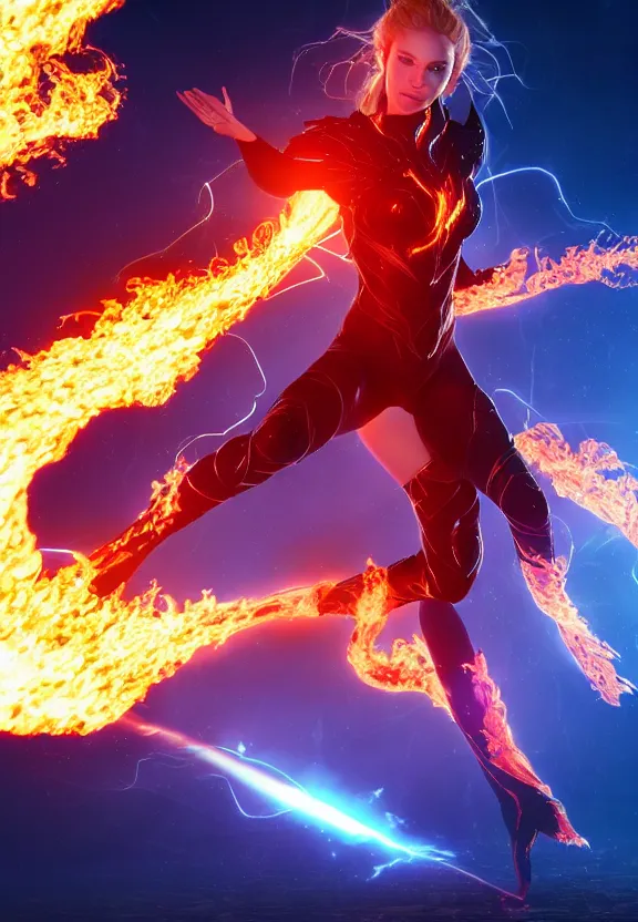 Prompt: vfx, octane render, zbrush, beautiful woman wearing spandex armour with flowing fire hair and glowing eyes, super hero full body action pose casting a fireball in space, volumetric lightning, highly detailed, UE5 render, art station, center of picture.