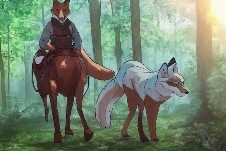 Image similar to an oversized fox, saddled and harnessed, walking through a forest, glowing with silver light, today's featured anime still, 1 6 k, character design, furry art, furaffinity