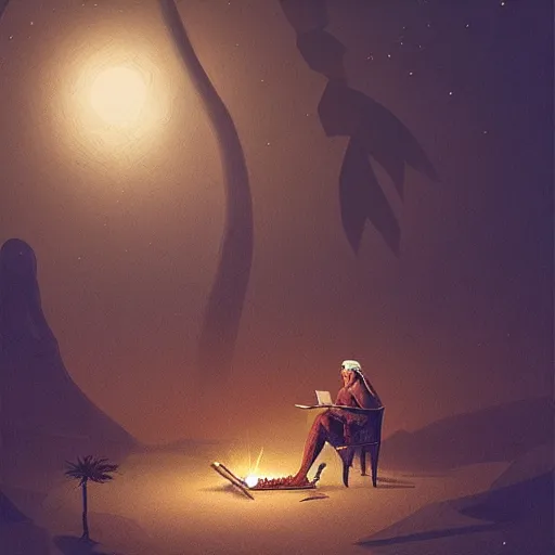 Prompt: “A man sitting under a palm tree by a small fire, reading an ancient scroll, egyptian desert, night, dim light, stars, fantasy, highly detailed, digital painting, artstation, concept art, illustration, art by Greg Rutkowski and Marc Simonetti