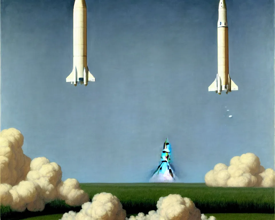 Prompt: an achingly beautiful print of a Saturn V rocket lifting off from the launchpad by Raphael, Hopper, and Rene Magritte. detailed, romantic, enchanting, trending on artstation.