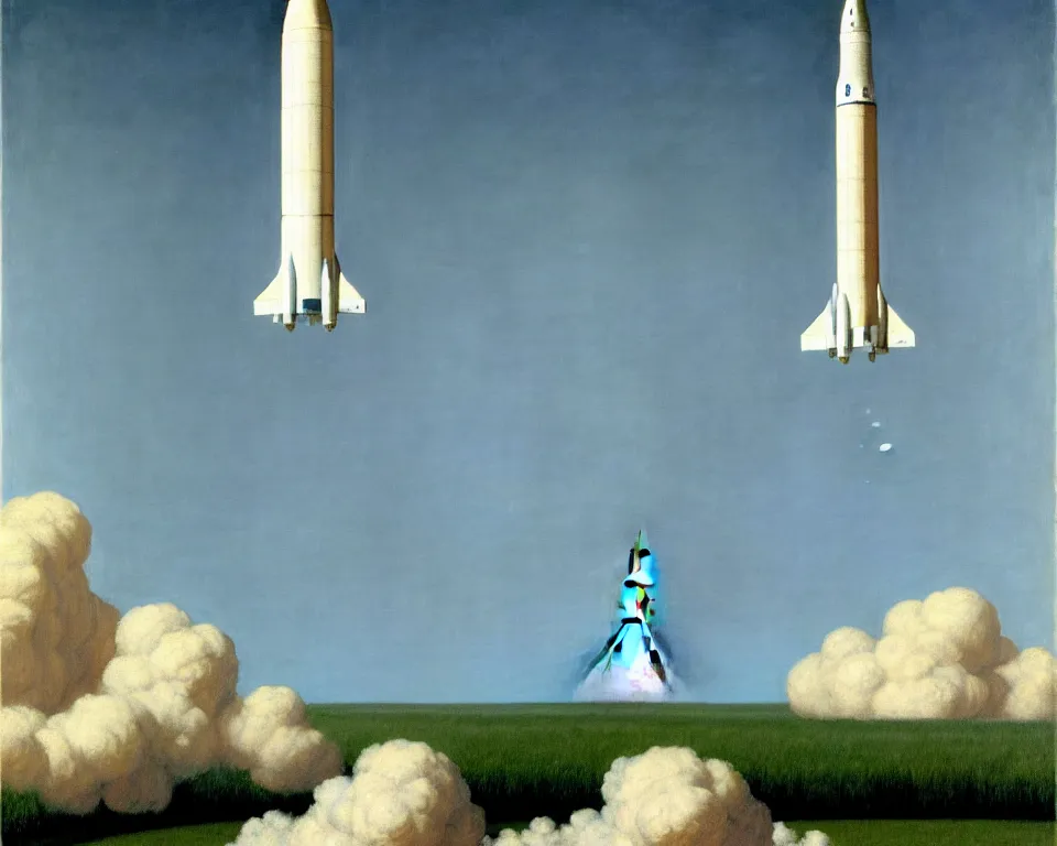 Image similar to an achingly beautiful print of a Saturn V rocket lifting off from the launchpad by Raphael, Hopper, and Rene Magritte. detailed, romantic, enchanting, trending on artstation.