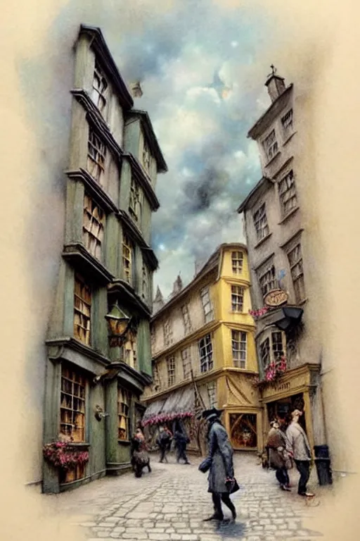 Image similar to (((((1950s Diagon Alley . muted colors.))))) by Jean-Baptiste Monge !!!!!!!!!!!!!!!!!!!!!!!!!!!