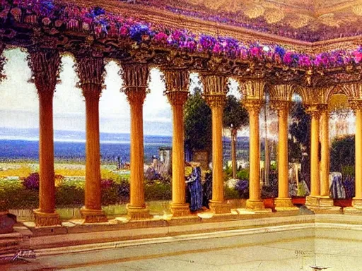 Image similar to A Beautiful View of the Grand Temple of Flowers, by Elihu Vedder and Arthur von Ferraris, cinematic