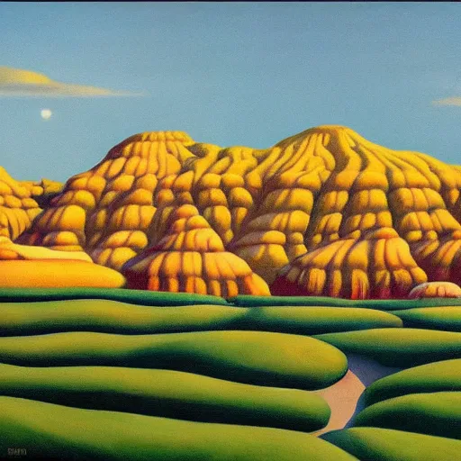 Image similar to badlands made of cupcake icing, grant wood, pj crook, edward hopper, oil on canvas