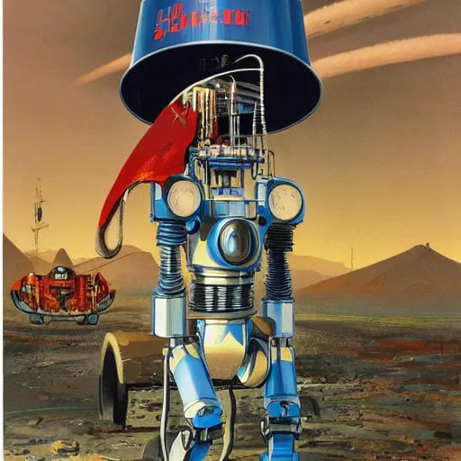 Image similar to robot wearing a bucket hat, by John Harri and Michael Whelan and John Berkey and Robert McCall and Chris Foss and Chris Moore and Vincent Di Fate and Rafał Olbiński and Jim Burns