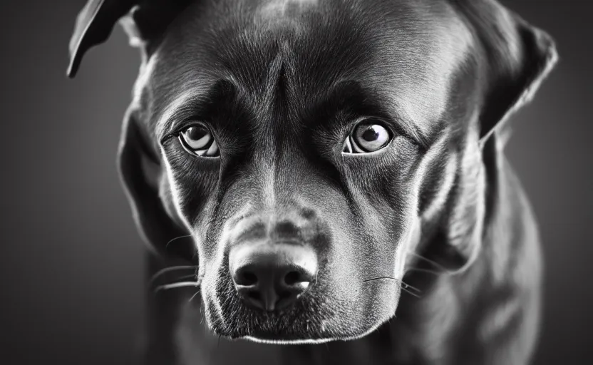 Image similar to studio photography of a dog, detailed face, hyper realistic, cinematic lighting, dark atmosphere, 8 k