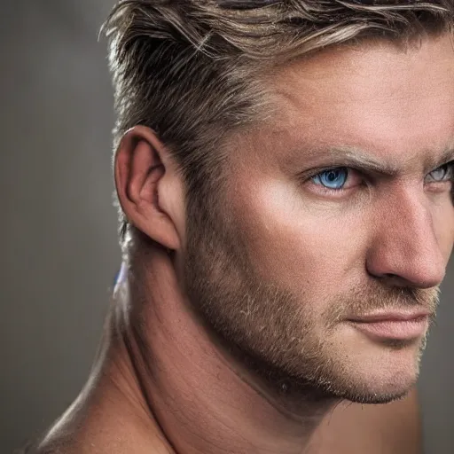 Prompt: close up of face of good looking 4 0 year old slavic blond man with blond stubble, very short wavy blond hair in a short pompadour style, very dark blue eyes, wearing a tank top, very hairy shoulders and chest, portrait, 4 k