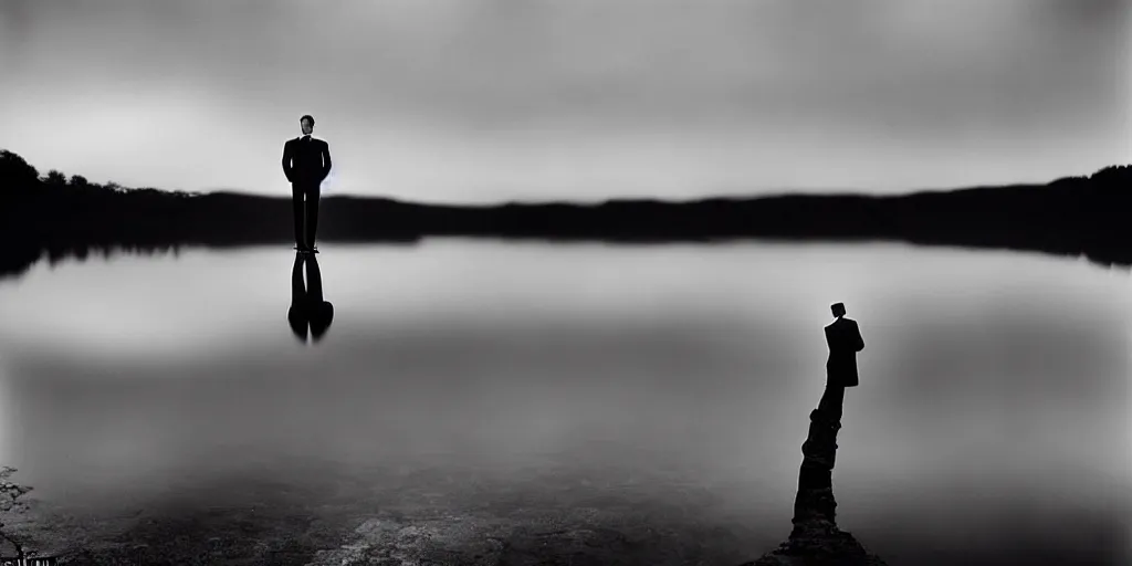 Image similar to amazing landscape photo of lake at night by Charlie Waite, film still of a man wearing tuxedo standing on the lake, beautiful dramatic lighting, surrealism, sharp, smooth, detailed