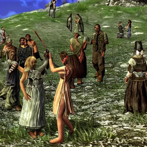 Image similar to a still from the movie midsommar, 2 0 0 0 vagrant story graphics ps 1 visual aesthetic