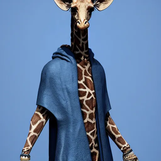 Image similar to a highly detailed portrait of a humanoid giraffe in a blue cloak, adventurer, artstation, deviantart, professional, unreal engine 5, octane render