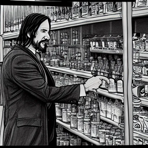 Image similar to a sketch of john wick grabbing milk at a store, dark, shadows, highly detailed,