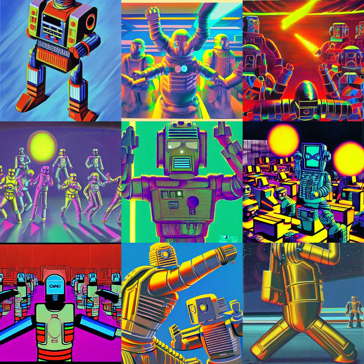 Prompt: isometric cyberman rave, painting by angus mckie