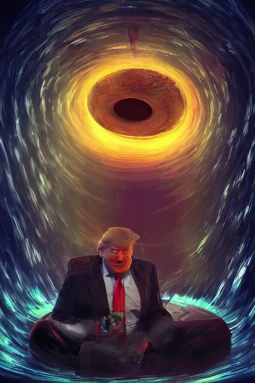Image similar to portrait of trump drinking ayahuasca in a wormhole, by pablo amaringo, dramatic lighting, concept art, artstation