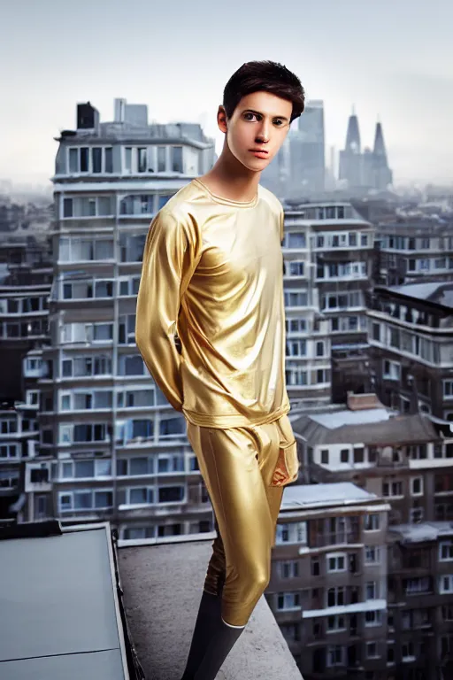 Image similar to un ultra high definition studio quality photographic art portrait of a young man standing on the rooftop of a british apartment building wearing soft padded silver pearlescent clothing. three point light. extremely detailed. golden ratio, ray tracing, volumetric light, shallow depth of field. set dressed.