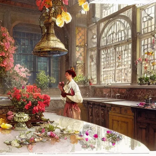 Image similar to a beautifull intricate watercolour painting of a victorian kitchen with many flowers, reflexions, verry high details by william turner art, greg rutkowski and alphonse mucha, trending on artstation, very very detailed, masterpiece,