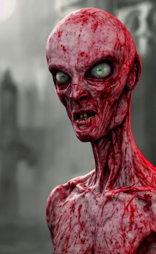 Prompt: a full long shot photo of a translucent alien being, invisible, streets, ghost, creepy, horror, scary, stressful, caucasian, nighttime, cemetery, bloody, blood everywhere, very bloody, cinematic, legendary, epic, glow up, realistic, 8 k, hdr, extremely detailed