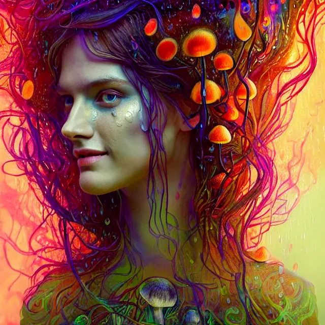 Image similar to bright portrait surrounded by psychedelic mushrooms with rain on face and wet hair, smiling, diffuse overhead lighting, fantasy, intricate, elegant, dramatic lighting, highly detailed, lifelike, photorealistic, digital painting, artstation, illustration, concept art, smooth, sharp focus, art by John Collier and Albert Aublet and Krenz Cushart and Artem Demura and Alphonse Mucha