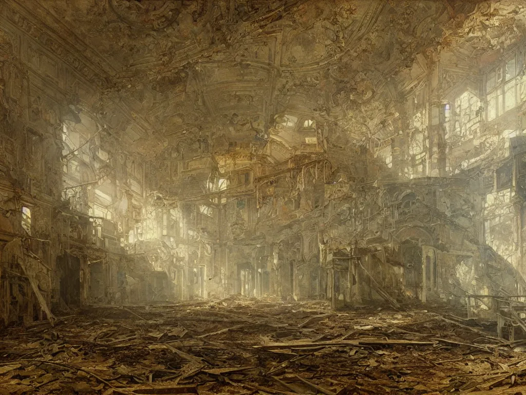 Prompt: Interior of an abandoned mall, highly detailed, oil on canvas, by Ivan Shishkin and Aivazovsky