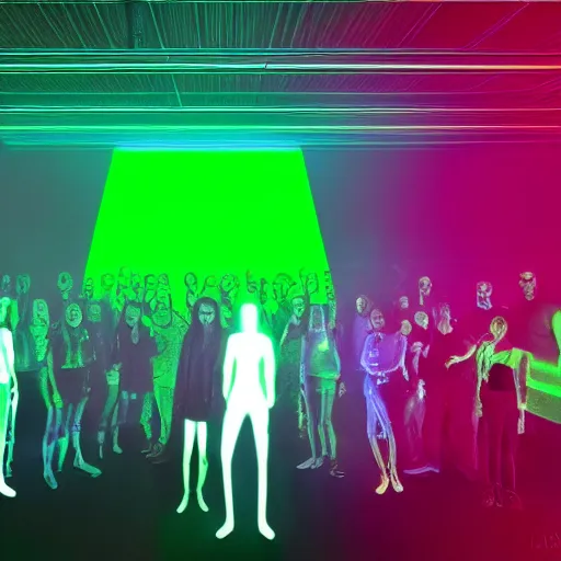 Image similar to a group of people in a room with green laser lights, a hologram by alesso baldovinetti, cg society, holography, glowing neon, glowing lights, kinetic