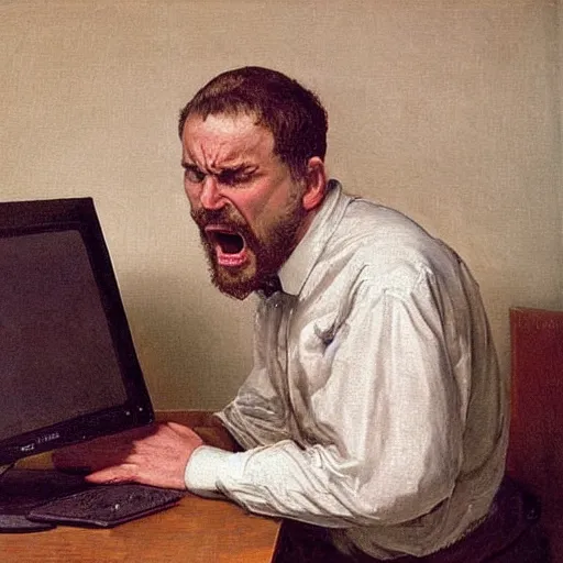 Image similar to an angry man yells at his computer monitor, oil on canvas, 1 8 8 3, highly detailed