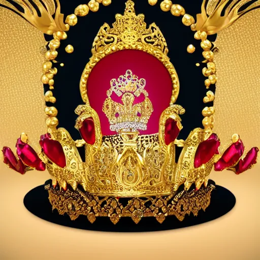 Image similar to King duck sitting on a gold throne decorated with many rubies and diamonds, duck is wearing a gold crown and gold necklace, super realistic, 4k